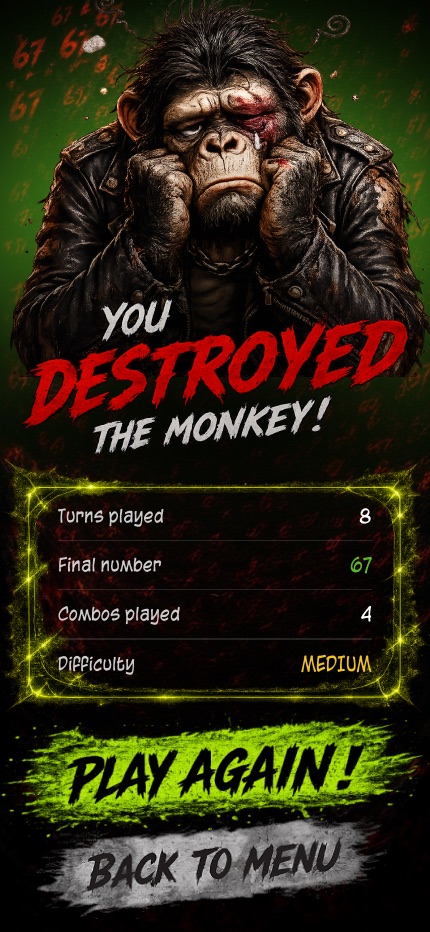 Result screen after landing exactly 67