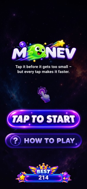 The MONEV title screen, the creature standing in for the O