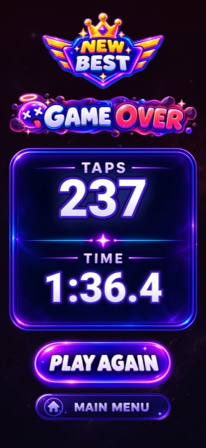 Results screen showing tap count and survival time