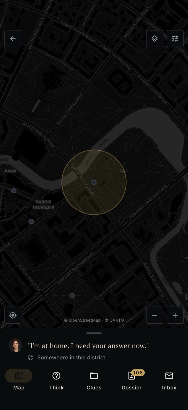 The dark street map of central Minsk, with the next place circled by the Svislach river and a message from the client