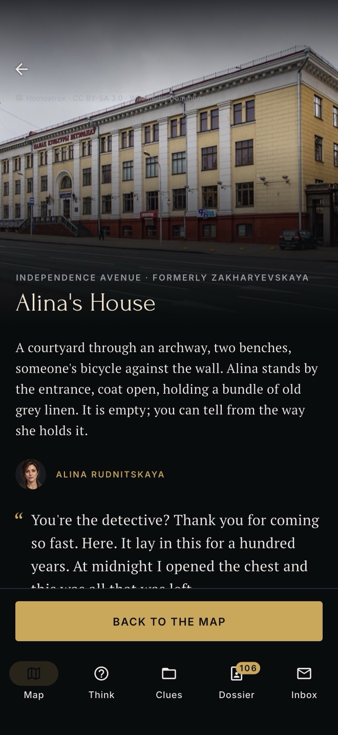 Arriving at Alina's house on Independence Avenue: a photo of the building, the scene, and the client's first words