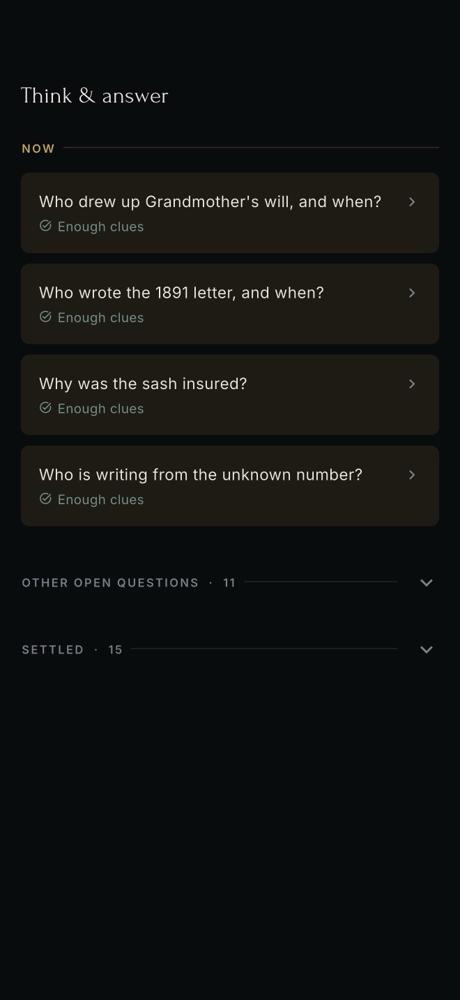 The notebook of open questions, such as who wrote the 1891 letter and why the sash was insured