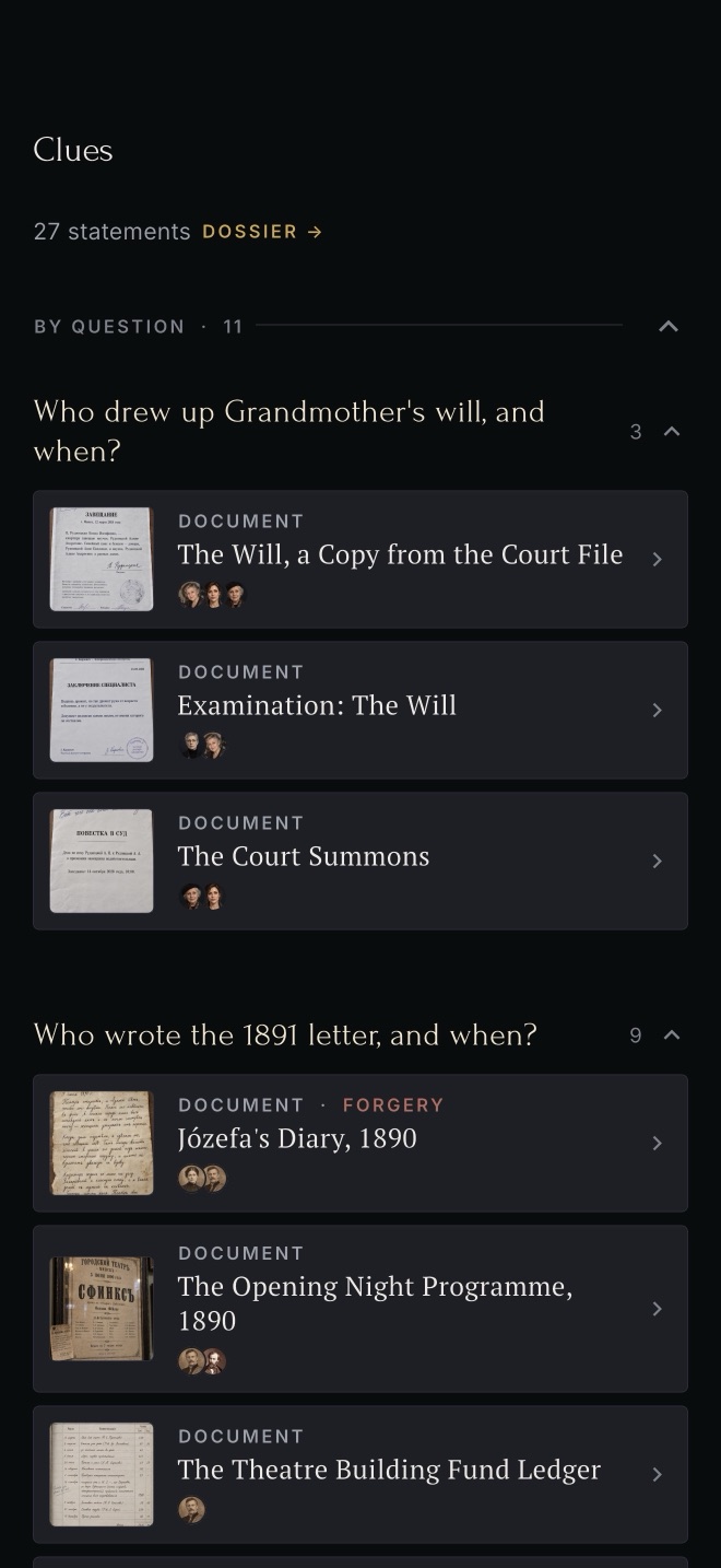 The clues list, grouped by question: a will, a court summons, a theatre programme and a fund ledger