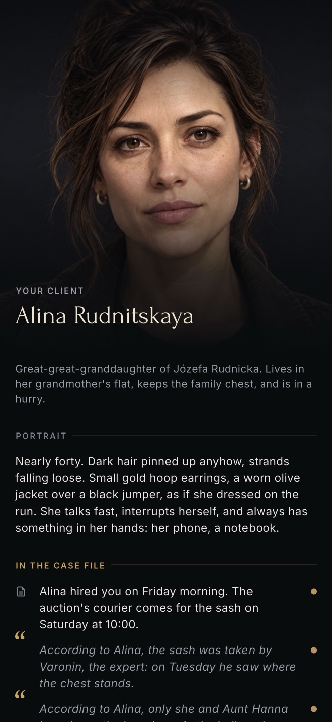The dossier page for Alina Rudnitskaya, your client: a portrait, a description and what the case file says about her